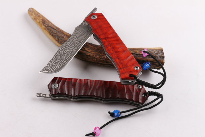 Red Wave Damascus steel blade material no lock folding knife UD404436